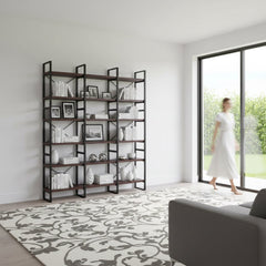 Double Bookcase with 6 Open Shelf Tiers in Dark Walnut and Black Metal