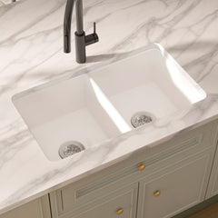 Double Bowl Kitchen Sink, Oslo, Undermount/Drop-In, Fireclay, 32 Inch, Glossy White
