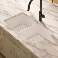 Double Bowl Kitchen Sink, Oslo, Undermount/Drop-In, Fireclay, 32 Inch, Glossy White