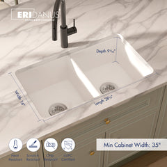 Double Bowl Kitchen Sink, Oslo, Undermount/Drop-In, Fireclay, 32 Inch, Glossy White