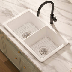 Double Bowl Kitchen Sink, Oslo, Undermount/Drop-In, Fireclay, 32 Inch, Glossy White