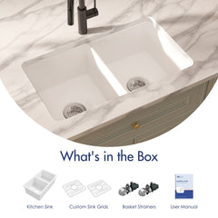 Double Bowl Kitchen Sink, Oslo, Undermount/Drop-In, Fireclay, 32 Inch, Glossy White