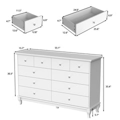 Double Dresser, 10 Drawers, MDF Frame, White/Silver