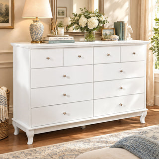Double Dresser, 10 Drawers, MDF Frame, White/Silver