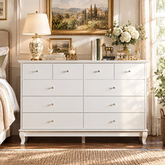 Double Dresser, 10 Drawers, MDF Frame, White/Silver