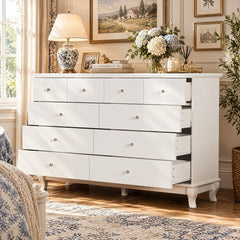 Double Dresser, 10 Drawers, MDF Frame, White/Silver