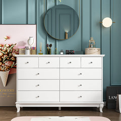 Double Dresser, 10 Drawers, Solid and Manufactured Wood, White/Silver