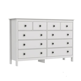 Double Dresser, 10 Drawers, White MDF, Metal Handles