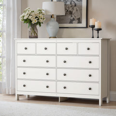 Double Dresser, 10 Drawers, White MDF, Metal Handles