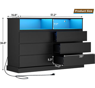 Double Dresser, 6 Drawers, 2 Cubbies, Manufactured Wood, LED Lights, Charging Station