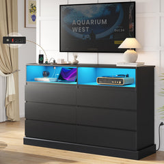 Double Dresser, 6 Drawers, 2 Cubbies, Manufactured Wood, LED Lights, Charging Station