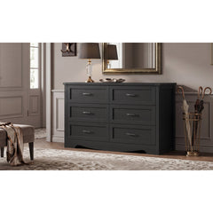 Double Dresser, 6 Drawers, Black Gloss Manufactured Wood