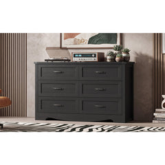 Double Dresser, 6 Drawers, Black Gloss Manufactured Wood