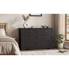 Double Dresser, 6 Drawers, Black Gloss Manufactured Wood