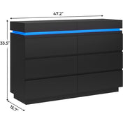 Double Dresser, 6 Drawers, Black Manufactured Wood, LED Lights, Charging Station