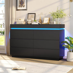 Double Dresser, 6 Drawers, Black Manufactured Wood, LED Lights, Charging Station