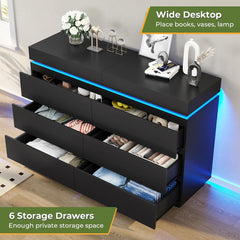 Double Dresser, 6 Drawers, Black Manufactured Wood, LED Lights, Charging Station