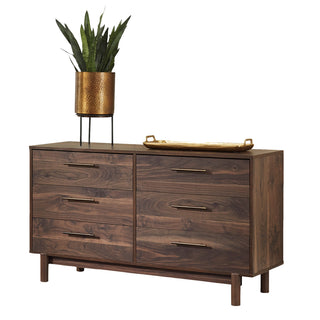 Double Dresser, 6 Drawers, Brown Engineered Wood, Gold Handles