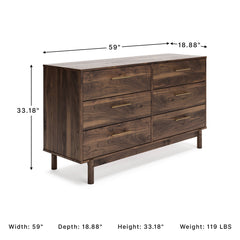 Double Dresser, 6 Drawers, Brown Engineered Wood, Gold Handles