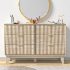Double Dresser, 6 Drawers, Brown Solid and Manufactured Wood, Gold Handles