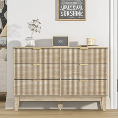 Double Dresser, 6 Drawers, Brown Solid and Manufactured Wood, Gold Handles