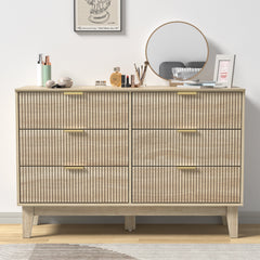 Double Dresser, 6 Drawers, Brown Solid and Manufactured Wood, Gold Handles