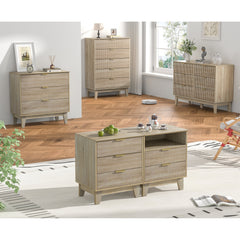 Double Dresser, 6 Drawers, Brown Solid and Manufactured Wood, Gold Handles