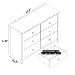 Double Dresser, 6 Drawers, Engineered Wood, Tapered Legs, White