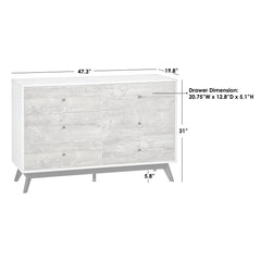 Double Dresser, 6 Drawers, Engineered Wood, White and Gray, Black Legs