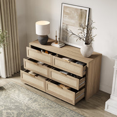 Double Dresser, 6 Drawers, Manufactured Wood and MDF, Gold Handles, Light Oak