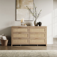 Double Dresser, 6 Drawers, Manufactured Wood and MDF, Gold Handles, Light Oak