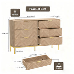 Double Dresser, 6 Drawers, Manufactured Wood, Natural Oak