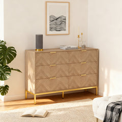 Double Dresser, 6 Drawers, Manufactured Wood, Natural Oak