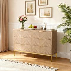 Double Dresser, 6 Drawers, Manufactured Wood, Natural Oak