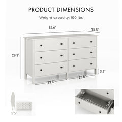 Double Dresser, 6 Drawers, Manufactured Wood, White