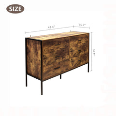 Double Dresser, 6 Drawers, MDF and Metal Frame, Rustic Brown and Black
