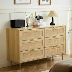 Double Dresser, 6 Drawers, Natural Rattan Details, Gold Metal Handles