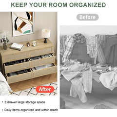 Double Dresser, 6 Drawers, Natural Rattan Details, Gold Metal Handles