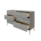 Double Dresser, 6 Drawers, Particle Board and Engineered Wood, Silver, Gold Metal Legs