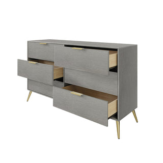 Double Dresser, 6 Drawers, Particle Board and Engineered Wood, Silver, Gold Metal Legs