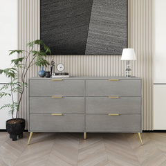 Double Dresser, 6 Drawers, Particle Board and Engineered Wood, Silver, Gold Metal Legs