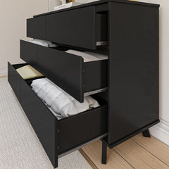 Double Dresser, 6 Drawers, Solid Pine and Aspen Wood, Black