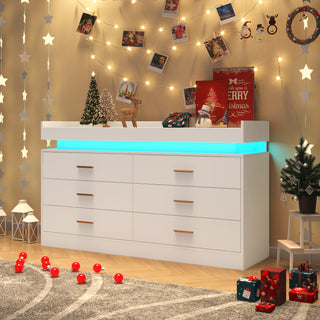 Double Dresser, 6 Drawers, Solid Pine Wood Frame, LED Lights, White