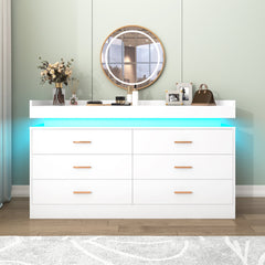 Double Dresser, 6 Drawers, Solid Pine Wood Frame, LED Lights, White