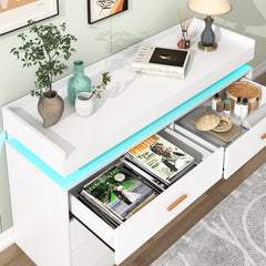 Double Dresser, 6 Drawers, Solid Pine Wood Frame, LED Lights, White