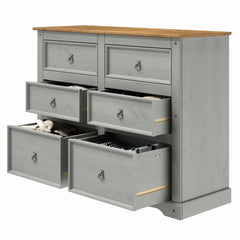 Double Dresser, 6 Drawers, Solid Pine Wood, Gray, Metal Handles