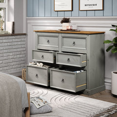 Double Dresser, 6 Drawers, Solid Pine Wood, Gray, Metal Handles