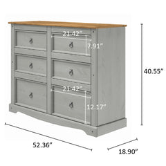 Double Dresser, 6 Drawers, Solid Pine Wood, Gray, Metal Handles