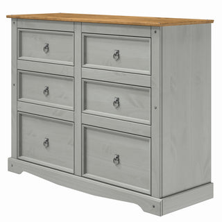 Double Dresser, 6 Drawers, Solid Pine Wood, Gray, Metal Handles