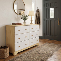 Double Dresser, 6 Drawers, Solid Pine Wood, White/Natural